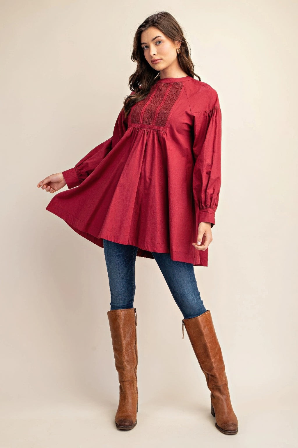 Plum mini dress with lace yoke and long puff sleeves, gathered waist