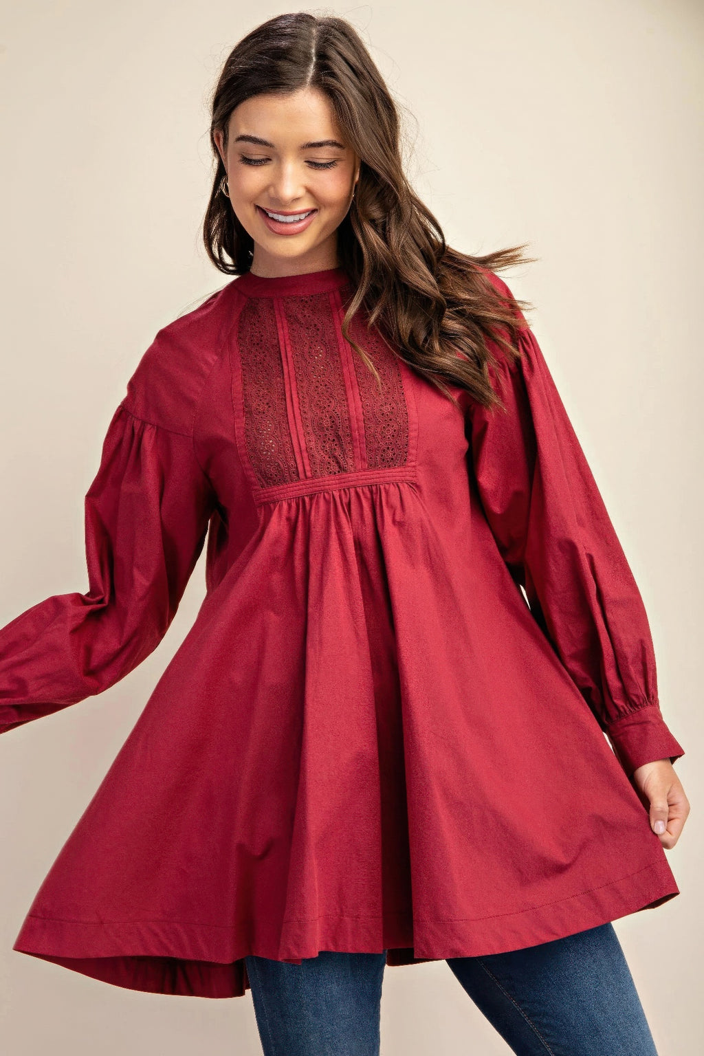Plum lace-detail mini dress with long sleeves and gathered bodice, A-line skirt