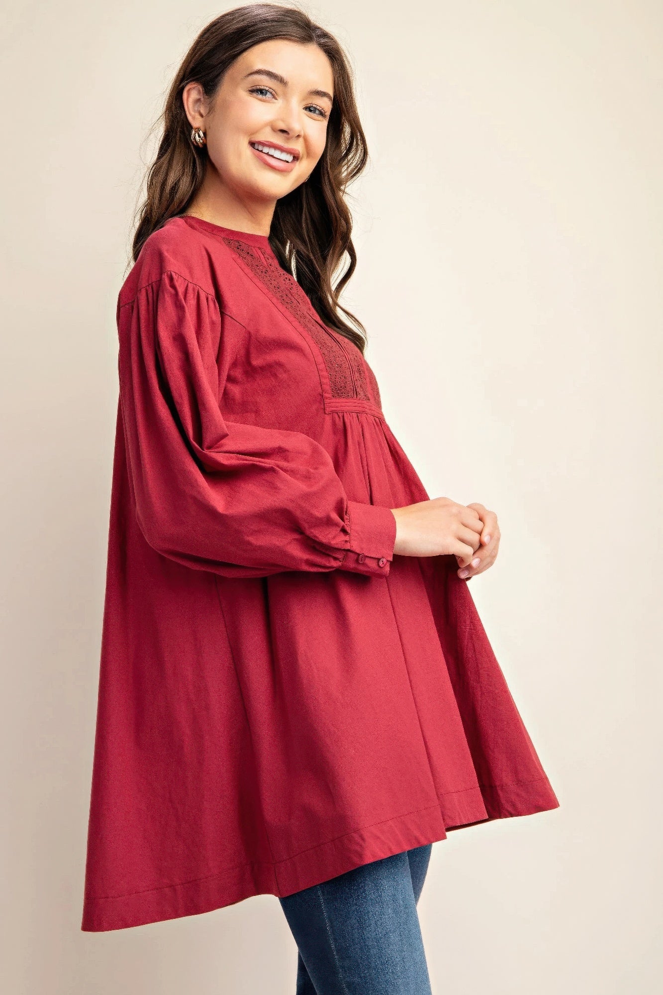 Plum mini dress with lace yoke and long balloon sleeves, flared skirt