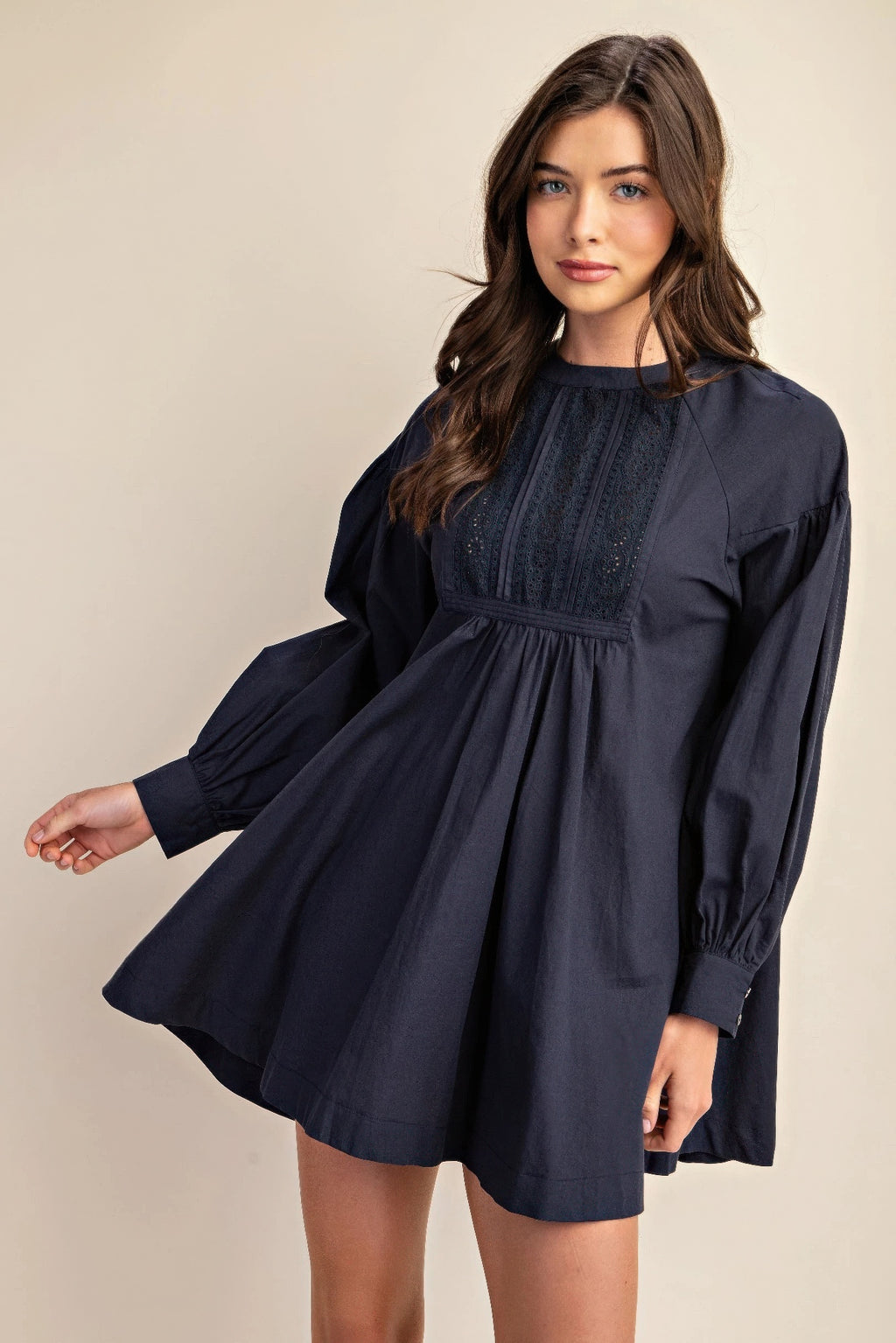 Navy mini dress with lace yoke panel and long balloon sleeves, babydoll fit