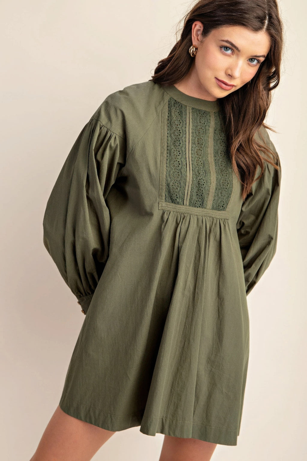Khaki mini dress with lace yoke inserts and long puff sleeves, gathered skirt