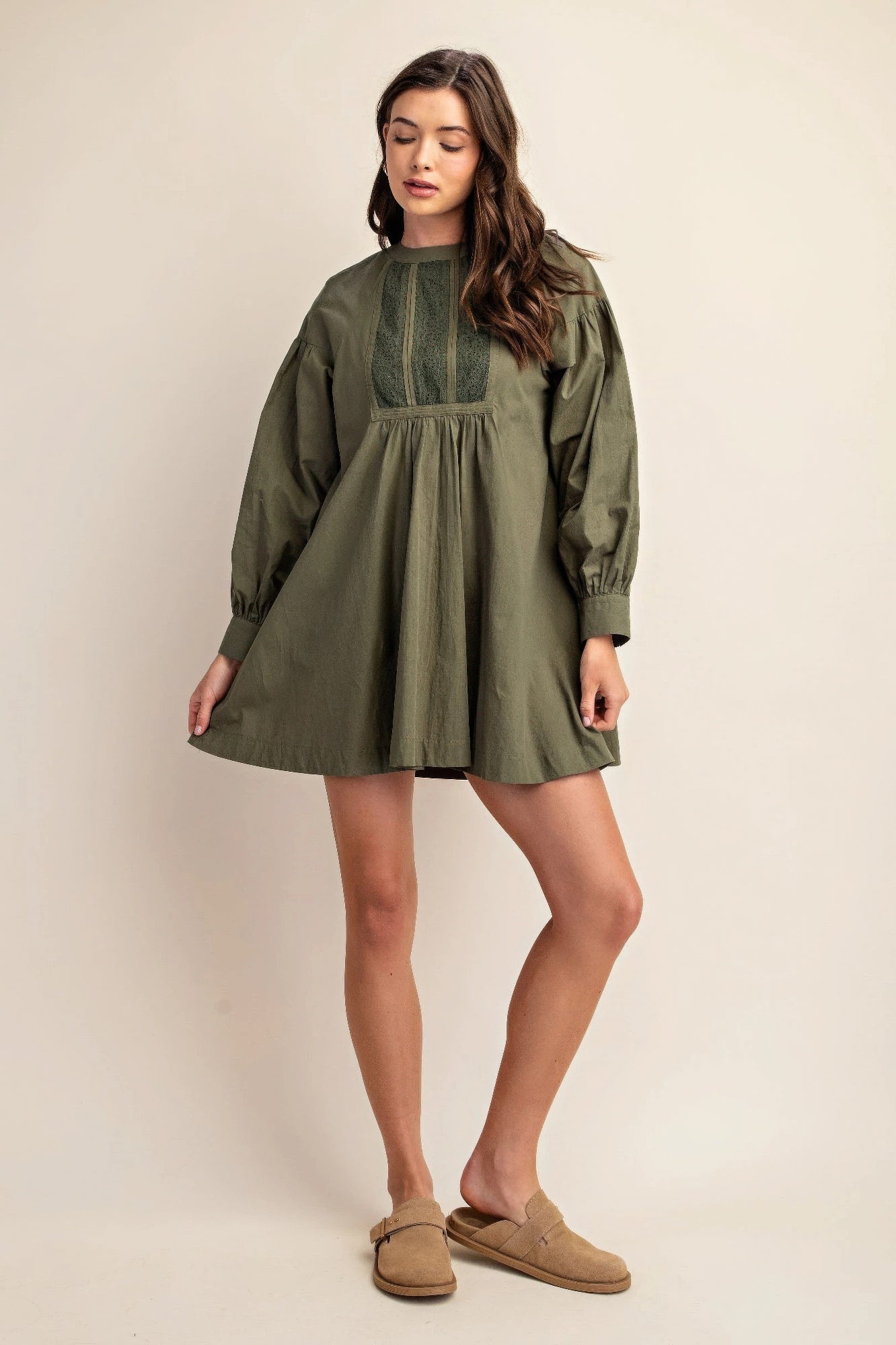 Olive long-sleeve mini dress with lace yoke and gathered skirt