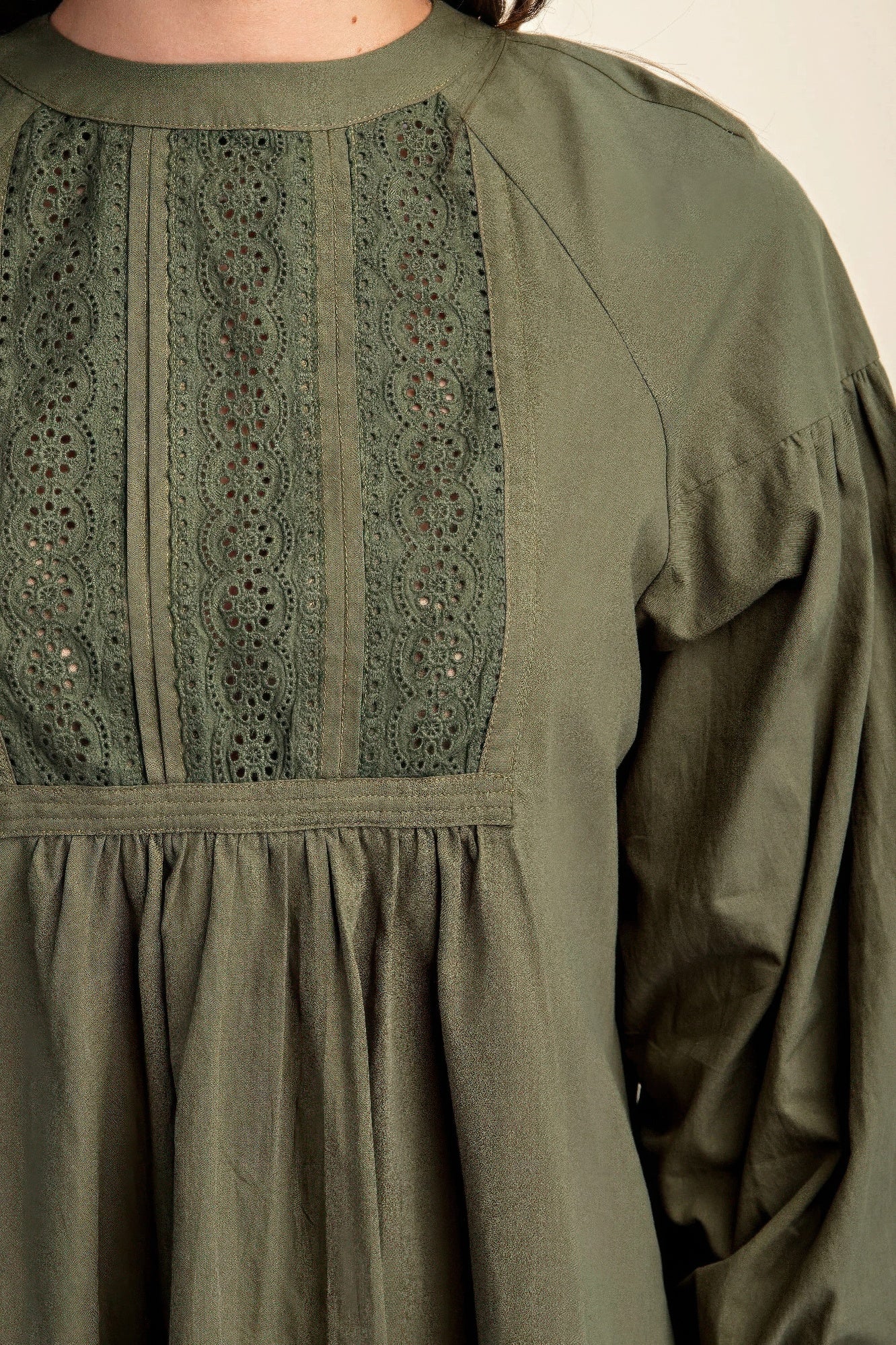 Olive lace yoke detail on long-sleeve mini dress with smocked waist