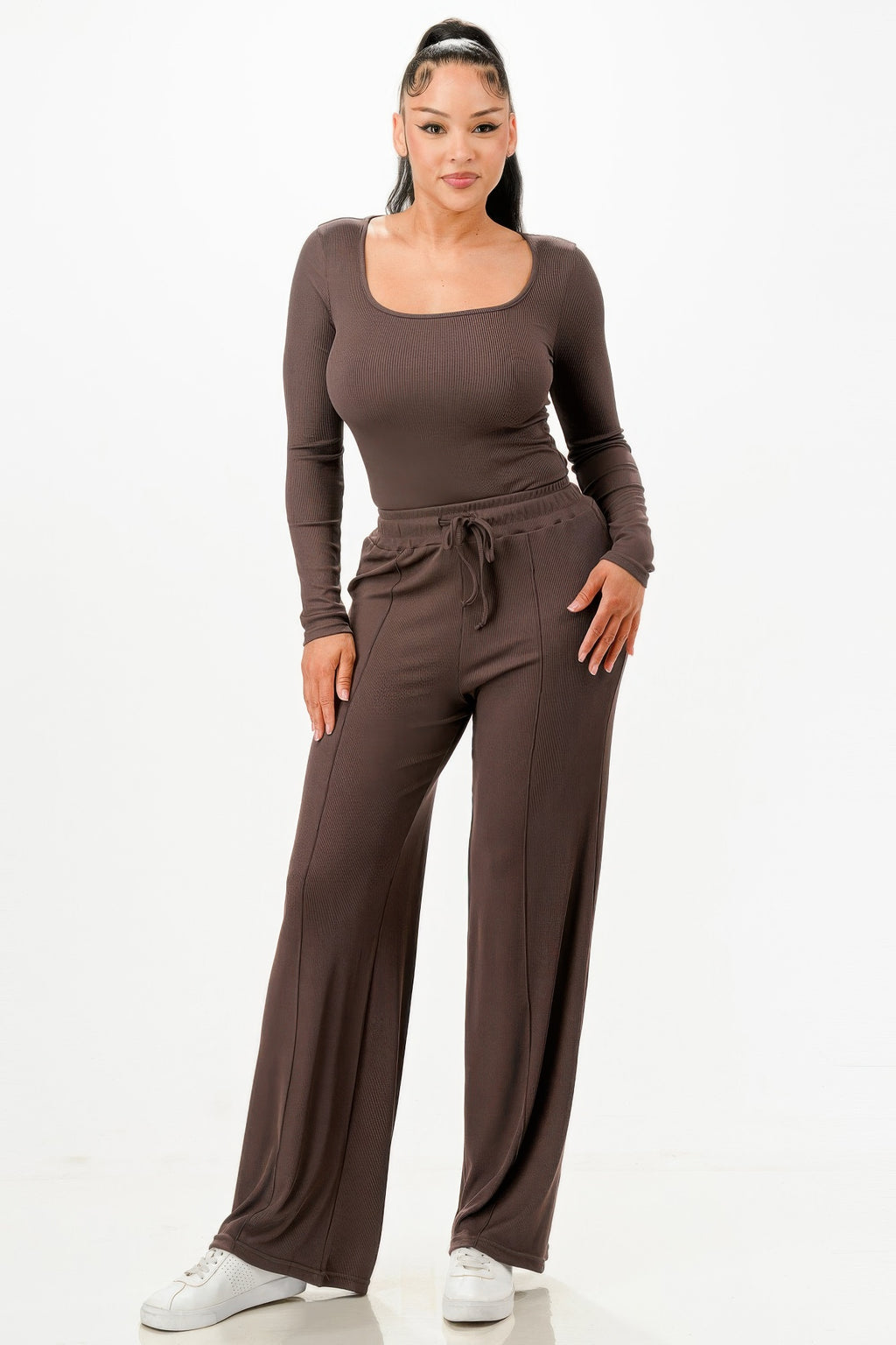 Long Sleeve Ribbed Bodysuit and Pants Set, dark brown wide-leg pants with drawstring waist