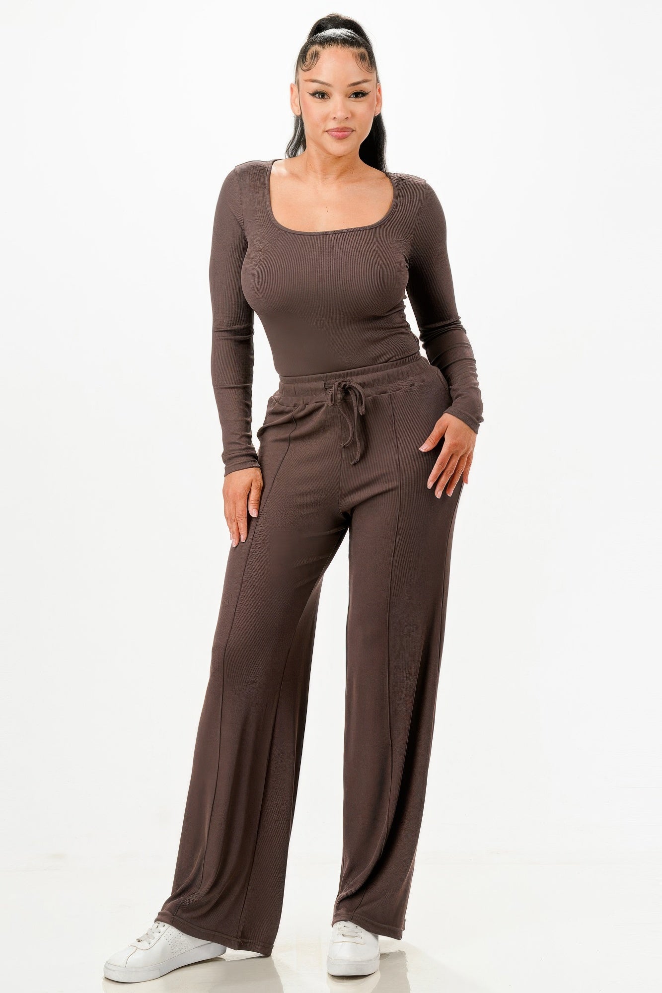 Long Sleeve Ribbed Bodysuit and Pants Set, dark brown wide-leg pants with drawstring waist
