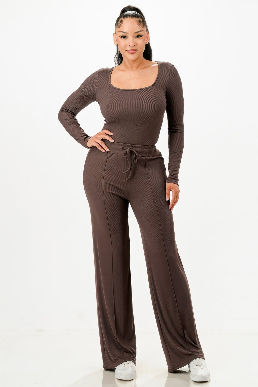 Ribbed long-sleeve bodysuit with scoop neckline and matching wide-leg pants, dark brown
