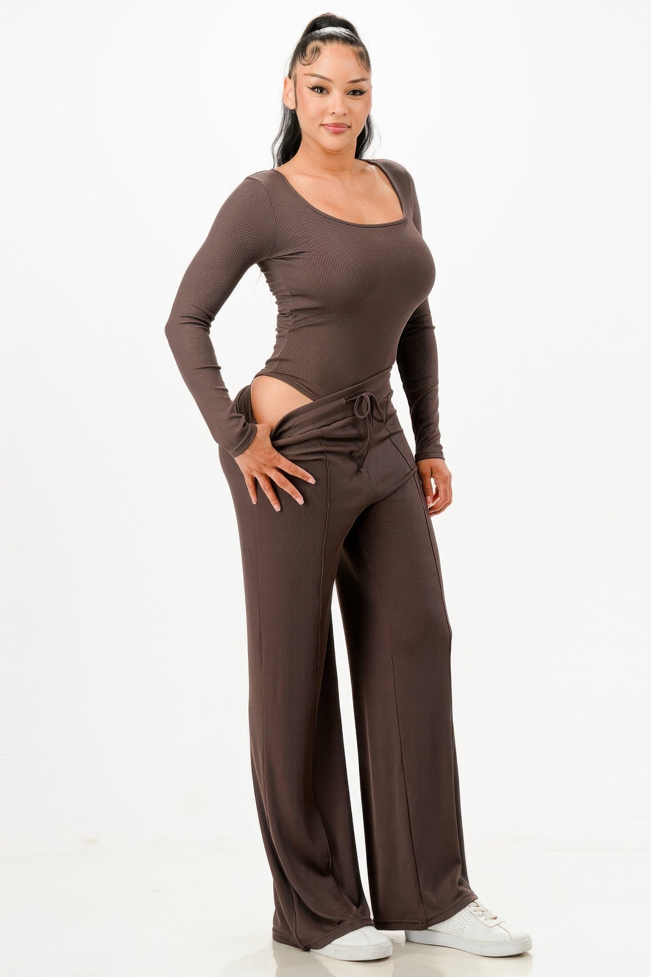 Long-sleeve ribbed bodysuit and flowy wide-leg pants set, dark brown with drawstring tie