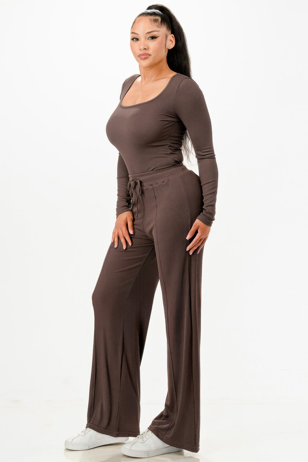 Ribbed bodysuit and wide-leg trousers set, dark brown; smocked/ruched waist with drawstring