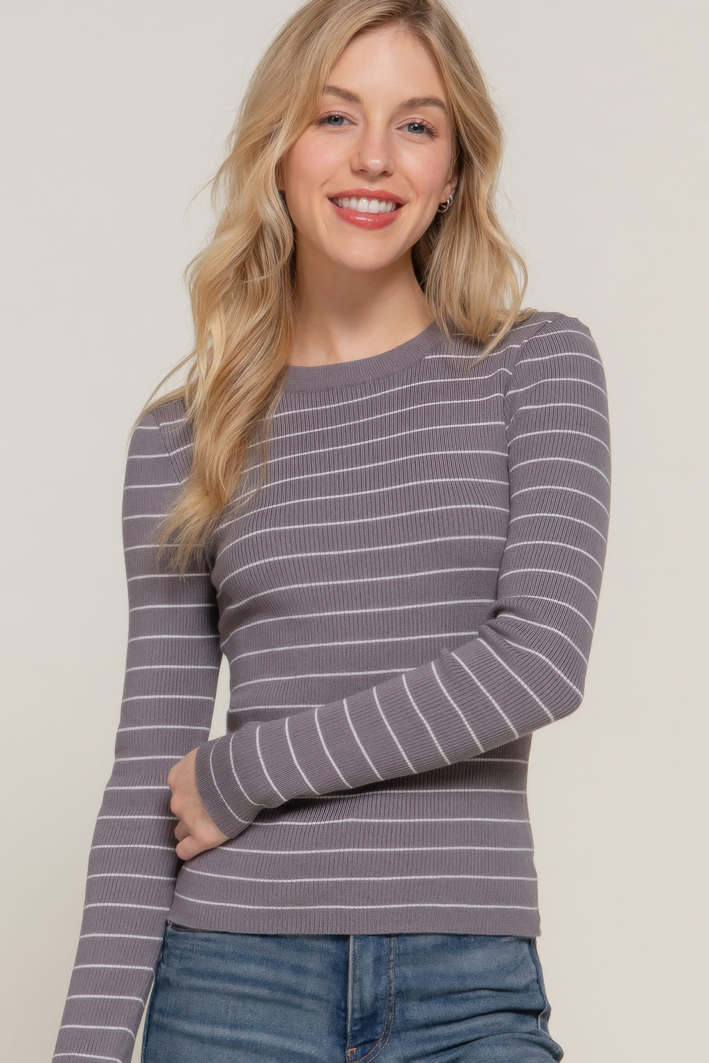 Long-sleeve crew neck striped sweater, grey/white stripes