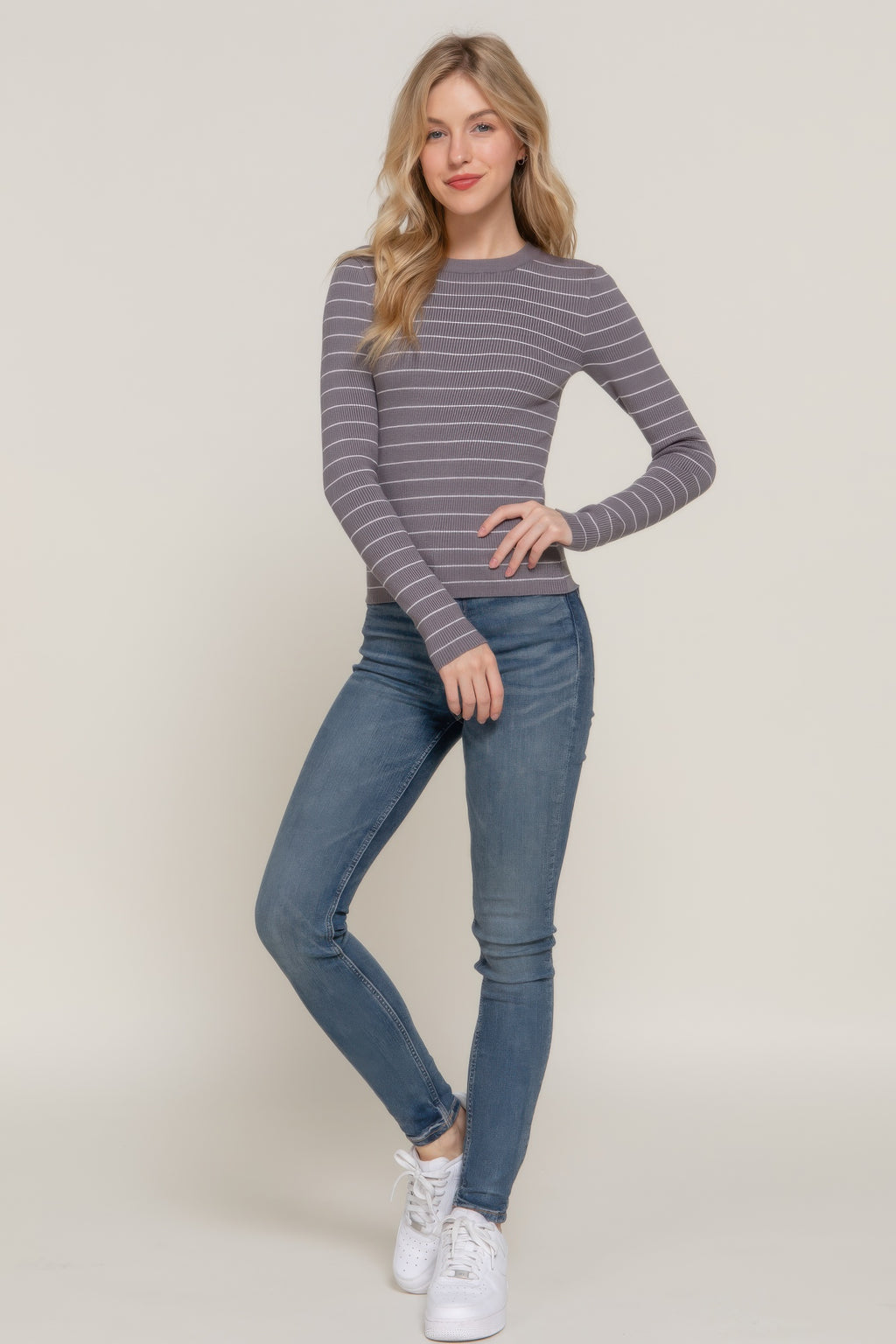 Long-sleeve crew neck striped sweater, grey/white stripes, side view