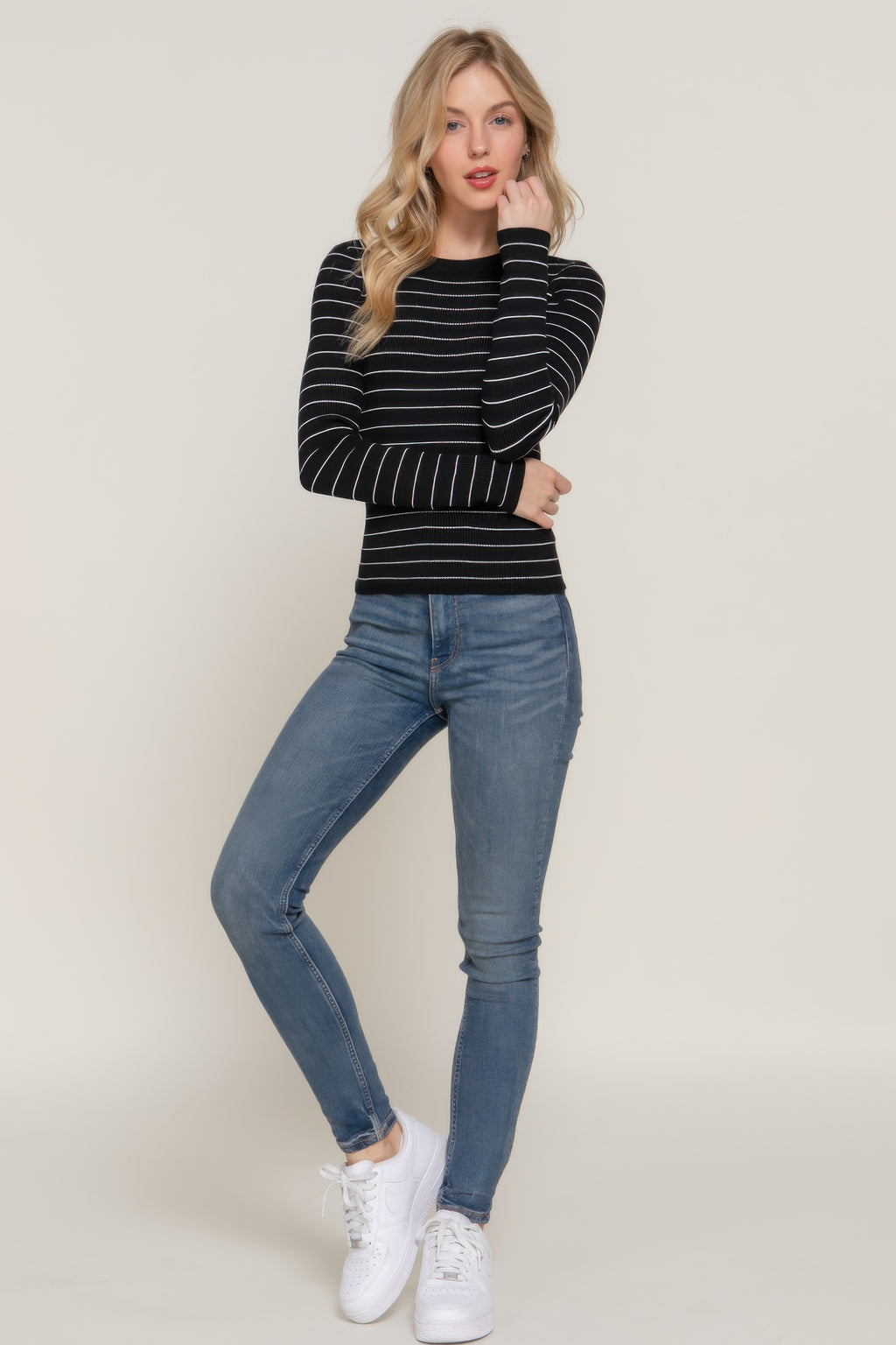 Long-sleeve crew neck striped sweater, black/white stripes, front view