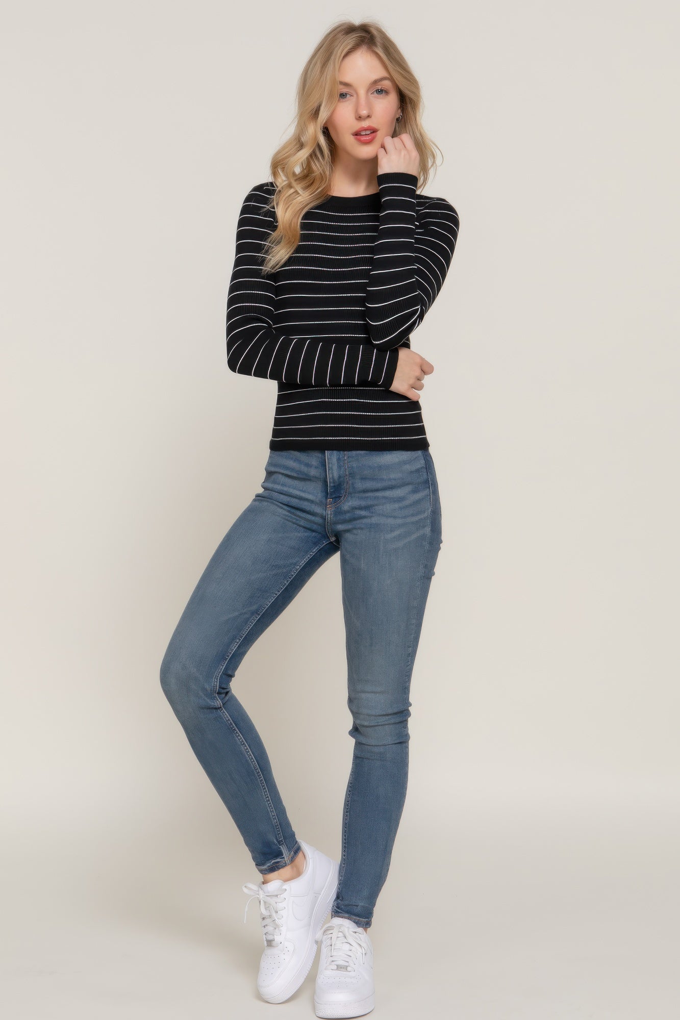 Long-sleeve crew neck striped sweater, black/white stripes, front view