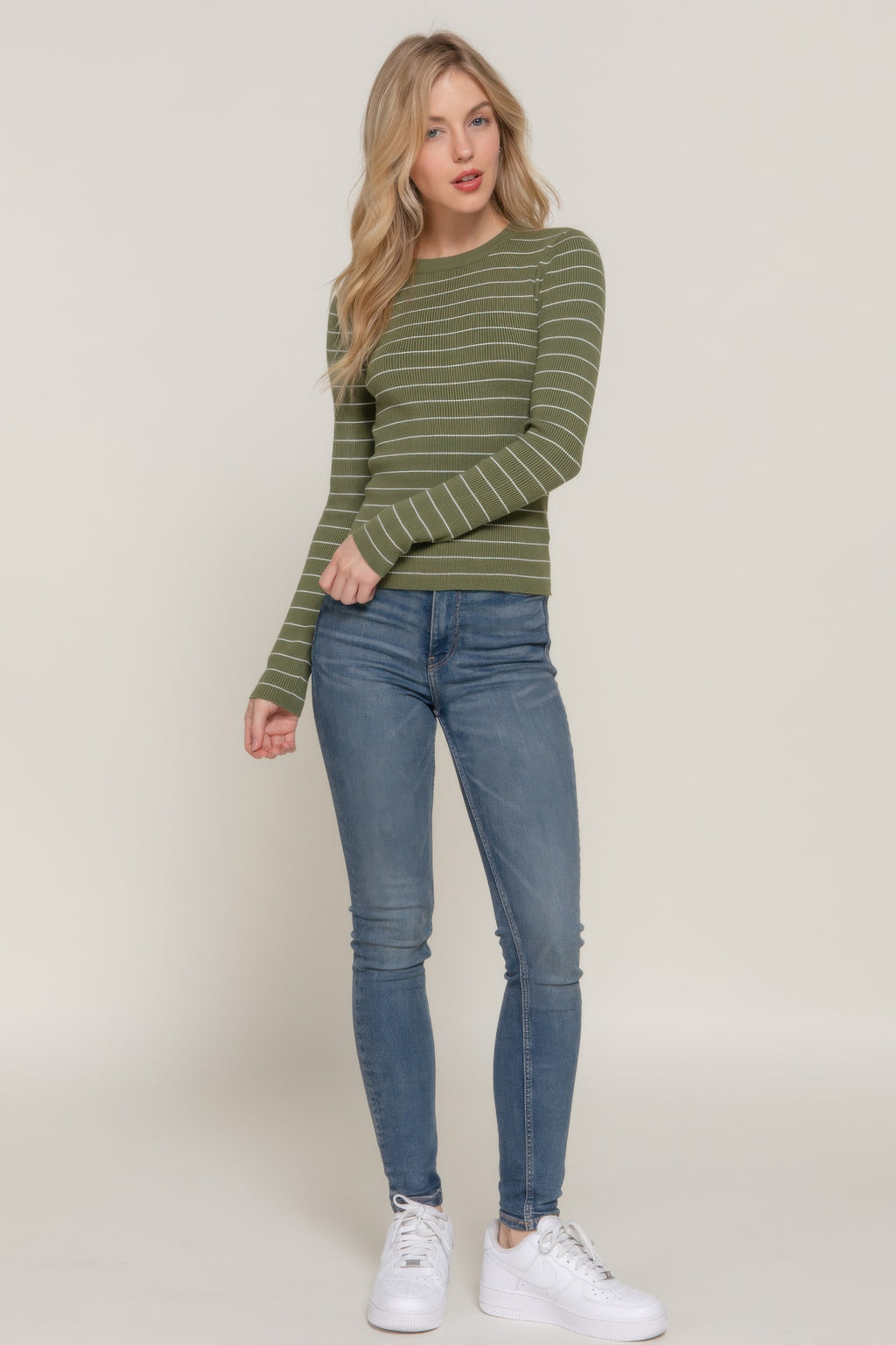 Long-sleeve crew neck striped sweater, olive/white stripes, side profile