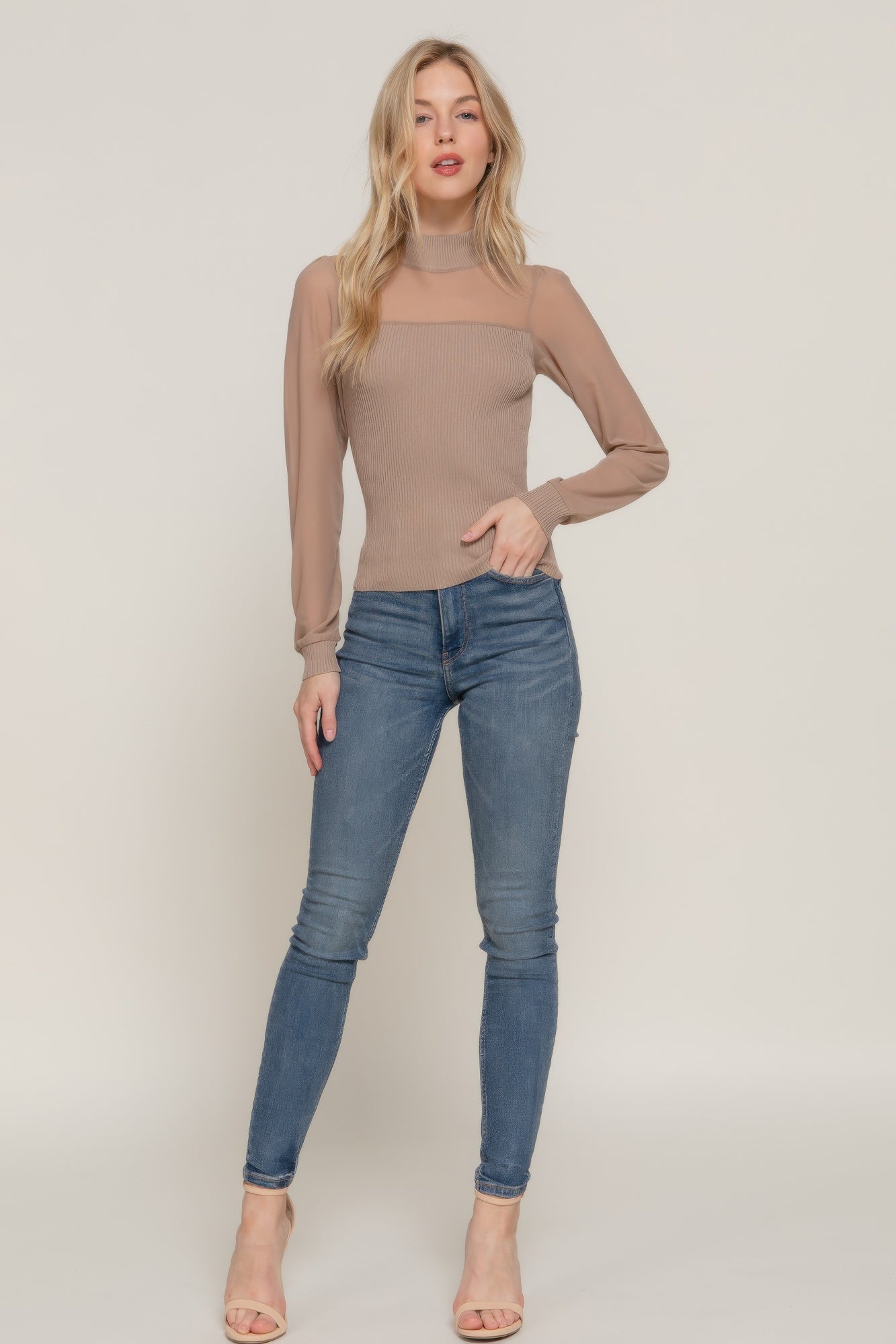 Khaki long-sleeve sweater top, fitted with sheer mesh panel and ribbed hem