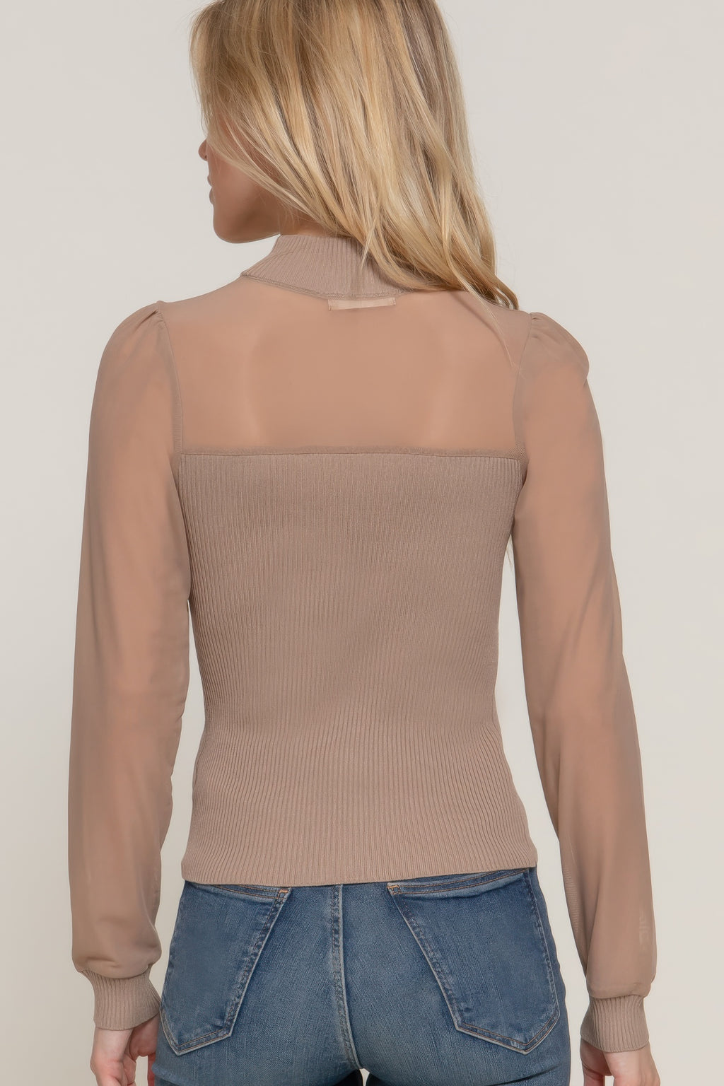Khaki sweater top back with sheer mesh yoke and long sleeves