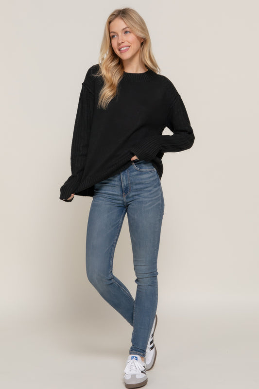 Long Slv Mock Neck Raised Seam Sweater - Tigbul's Variety Fashion Shop