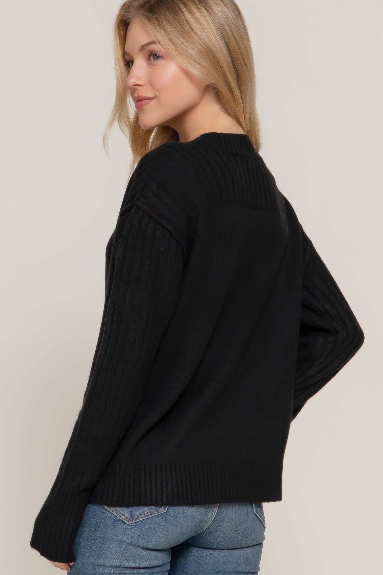 Long Slv Mock Neck Raised Seam Sweater - Tigbul's Variety Fashion Shop