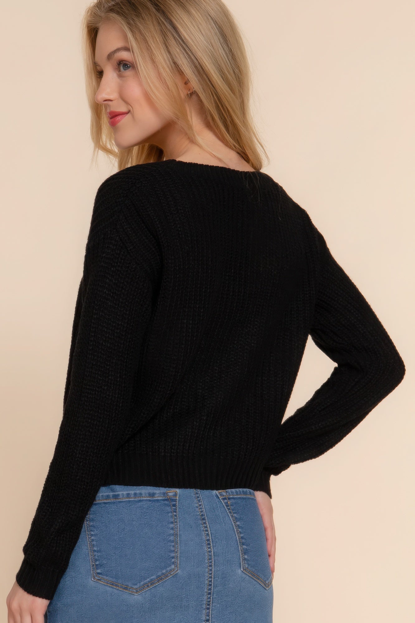 Black knit cardigan back view with long sleeves and ribbed waistband