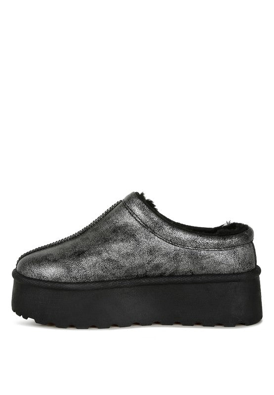 Silver slip-on platform mule with faux-leather texture, fuzzy collar, chunky sole
