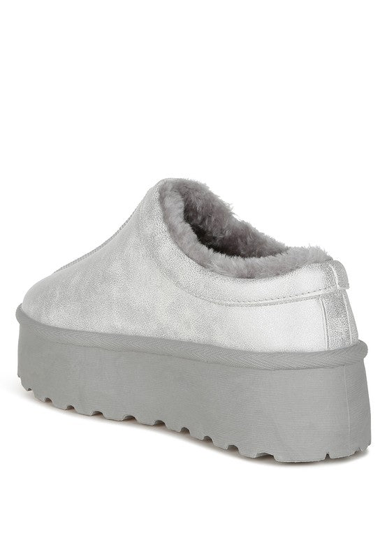 Light silver slip-on platform mule with fuzzy lining and padded chunky side sole