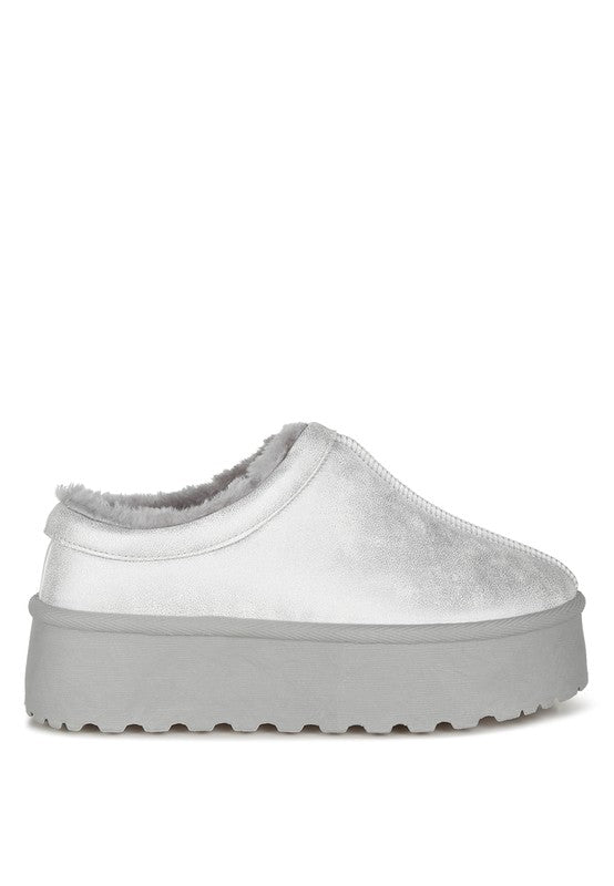 Light silver slip-on platform shoe with faux-leather texture and fuzzy trim