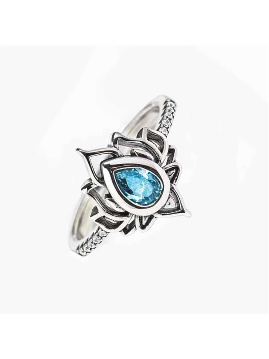925 Sterling Silver Lotus Flower Shaped Blue Cubic Zirconia Ring - Tigbul's