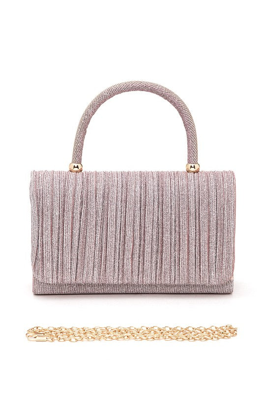 Grey lurex pleated top handle evening clutch bag with detachable gold-tone chain
