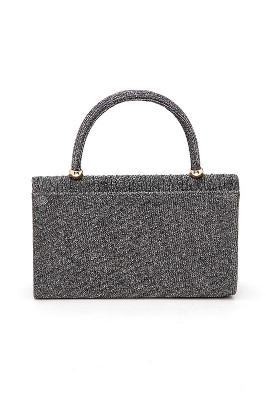 Dark grey lurex pleated top handle evening clutch bag with rounded top handle