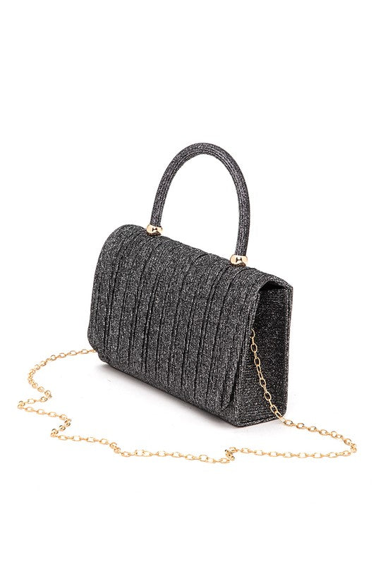 Black lurex pleated top handle evening clutch bag with crossbody chain strap