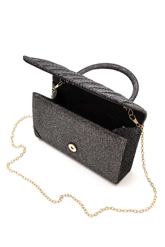 Black lurex pleated top handle clutch bag with chain strap and open top view
