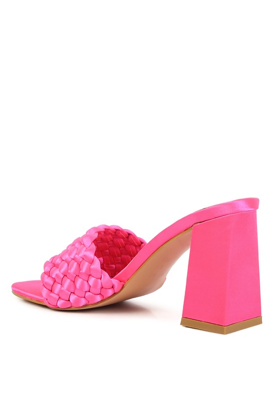 Lust Look braided satin block sandals, neon pink mule with braided front and block heel