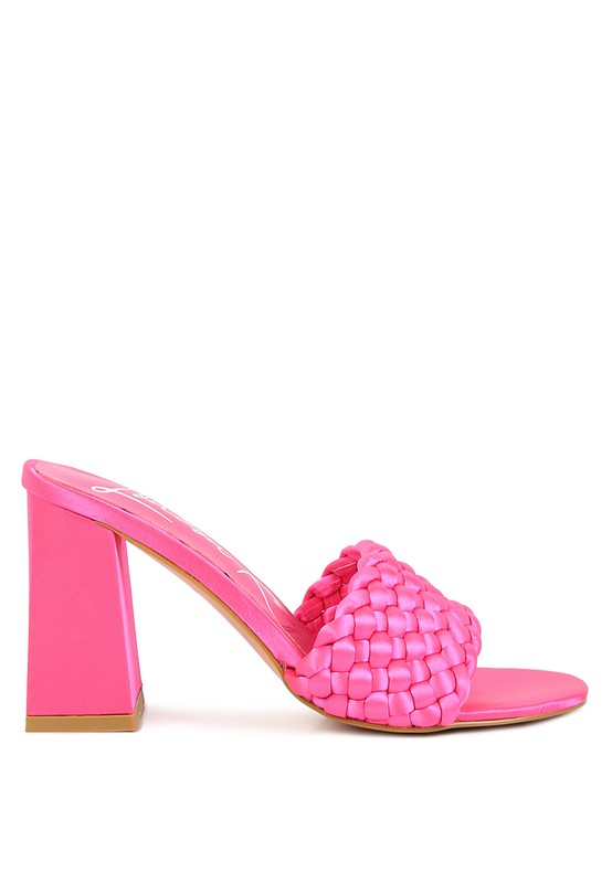 Lust Look braided satin block sandals, neon pink single-strap mule with braided toe