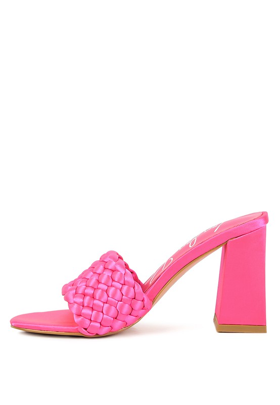 Lust Look braided satin block sandals, neon pink braided vamp and square block heel