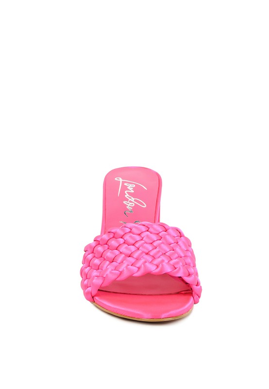 Lust Look braided satin block sandals, neon pink slide mule with braided toe detail