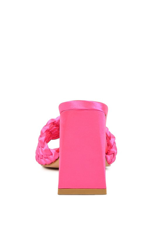 Lust Look braided satin block sandals, neon pink back view with square block heel