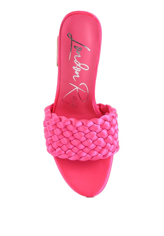 Lust Look braided satin block sandals, neon pink top view with braided front knot detail