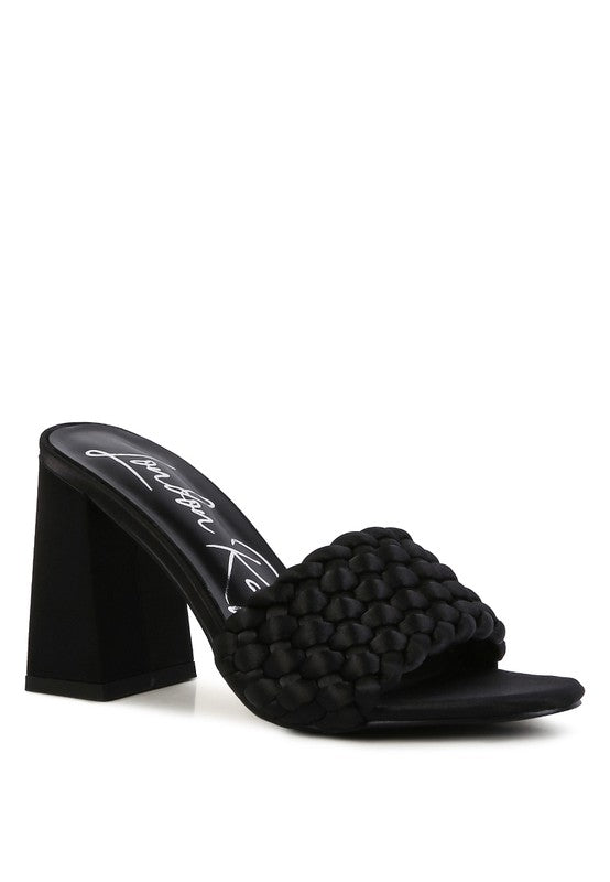 Lust Look braided satin block sandals, black slide mule with braided toe and block heel
