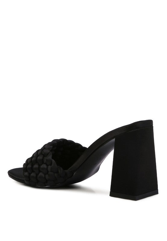 Lust Look braided satin block sandals, black mule with braided strap and square block heel