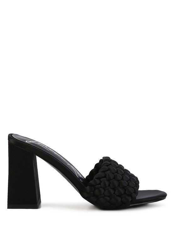 Lust Look braided satin block sandals, black braided toe slide with thick block heel