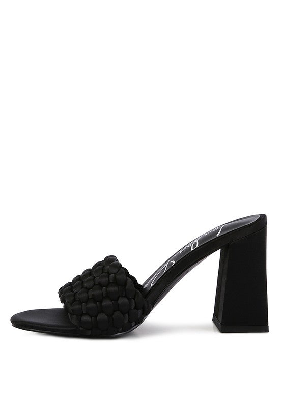 Black braided satin slide sandals, open toe, block heel