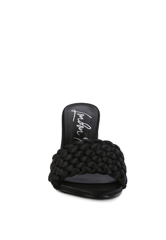 Black braided satin slide sandal with woven toe band
