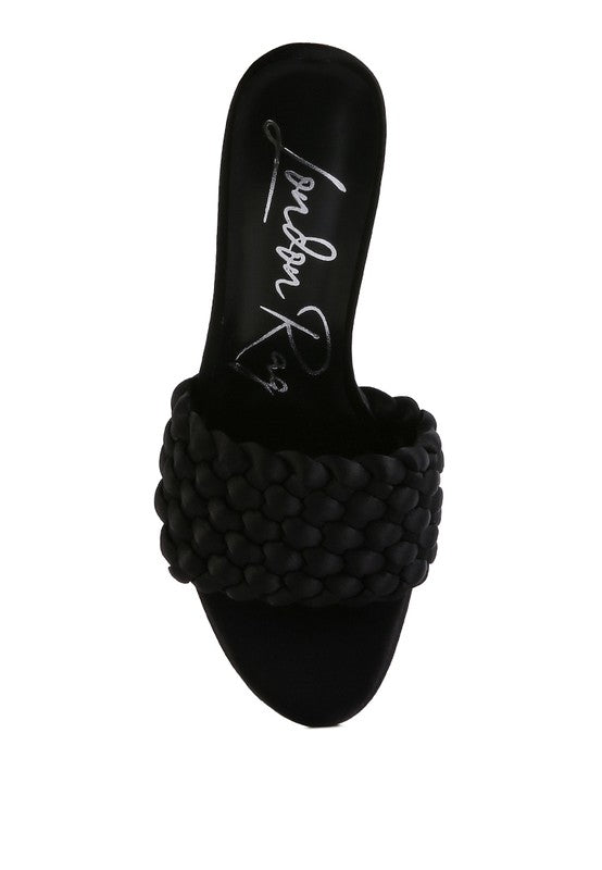 Black braided satin slide sandal, open toe, thick braided strap
