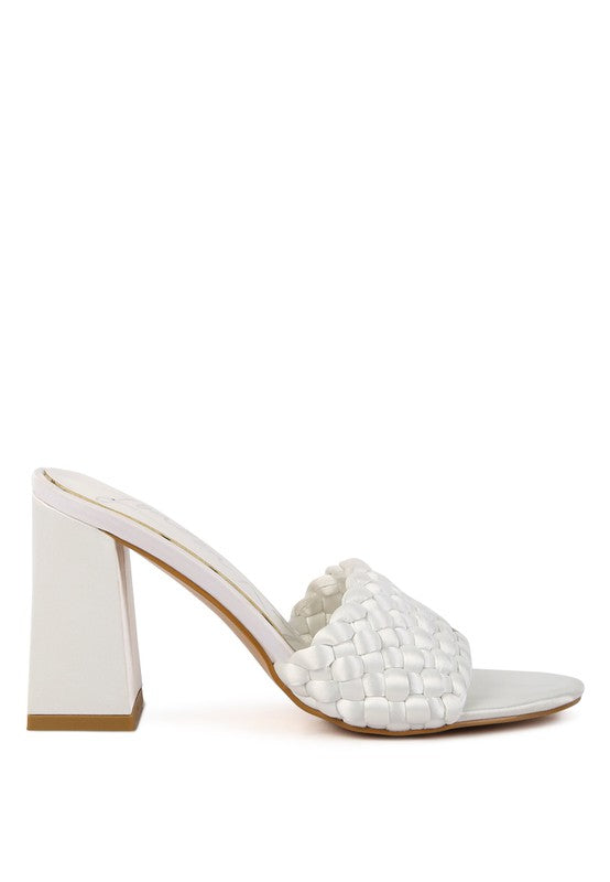 Off-white braided satin slide sandal with chunky block heel