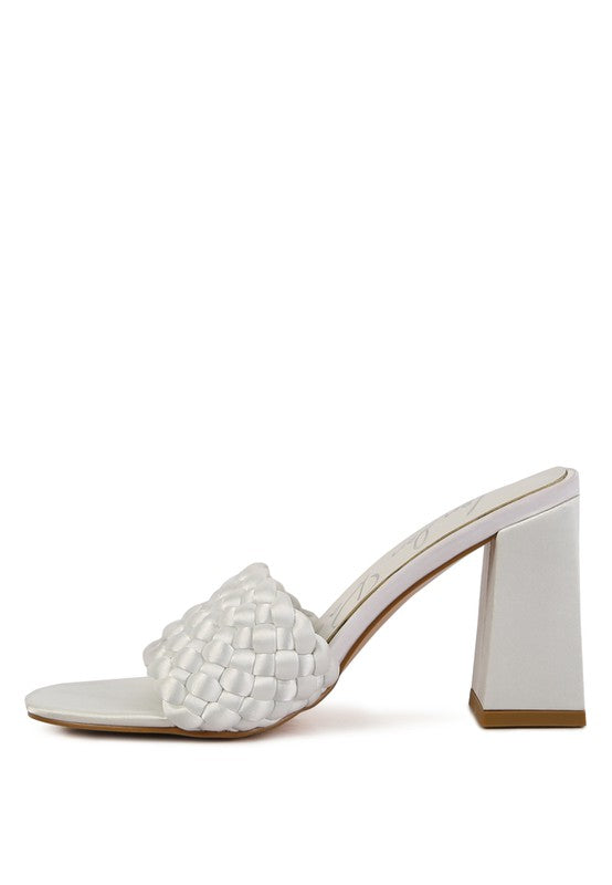 Off-white braided satin slide sandals, side view, block heel