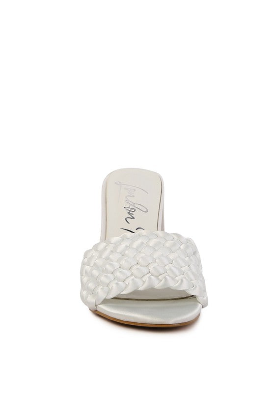 Off-white braided satin slide sandal, open toe, thick braided band