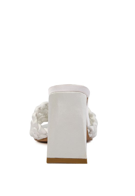 Off-white braided satin slide sandals, back view, block heel