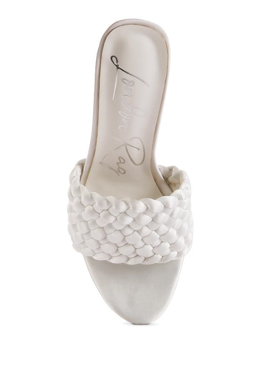 Off-white braided satin slide sandal, arched toe strap detail