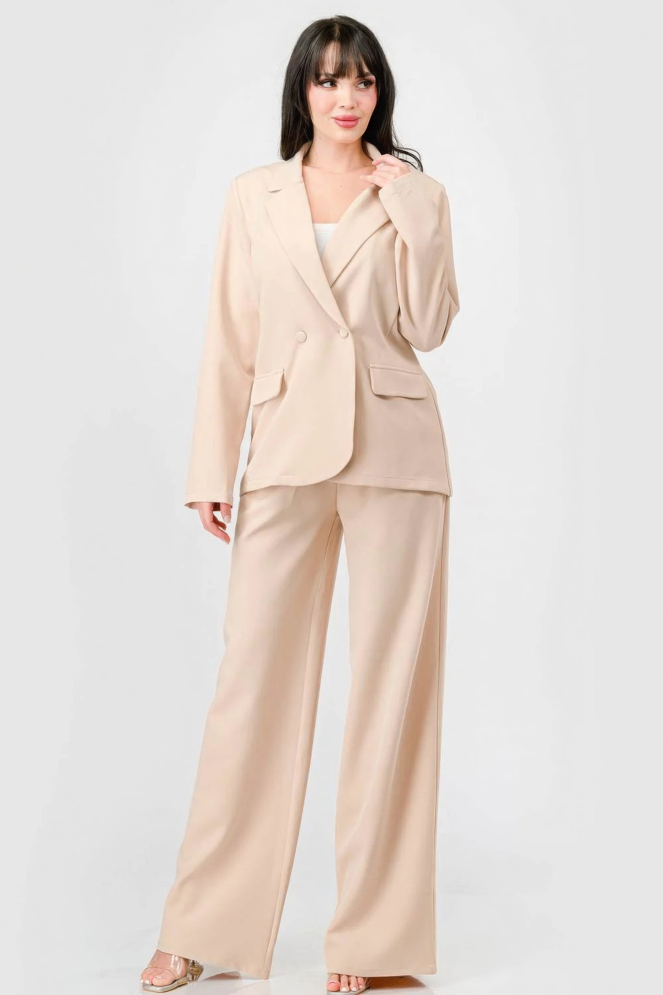 Luxe Stretch Woven Loose Fit Blazer And Wide Legs Pants Semi Formal Set - Tigbul's Variety Fashion Shop