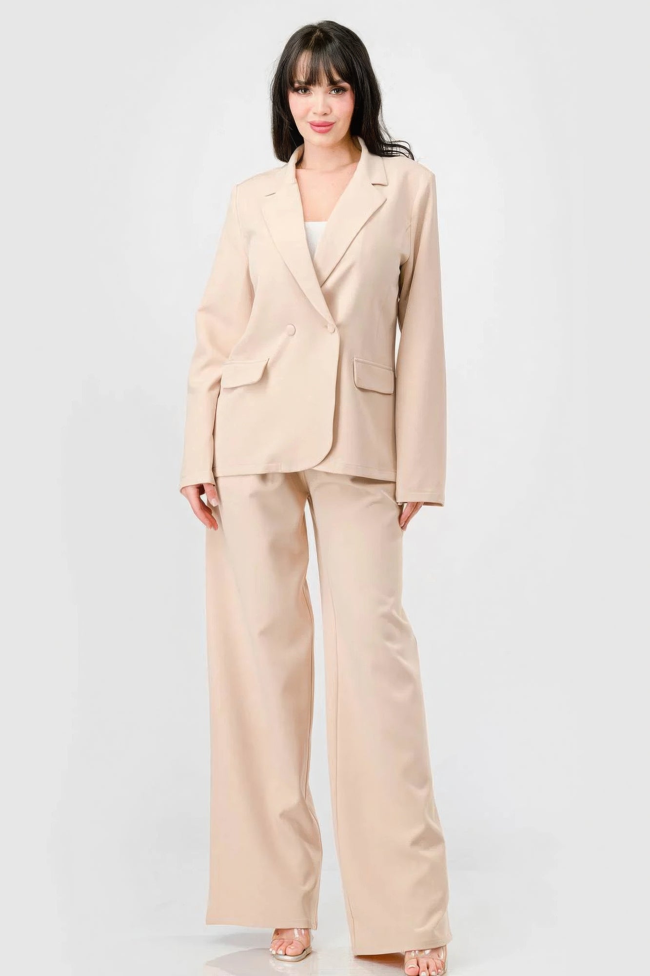 Luxe Stretch Woven Loose Fit Blazer And Wide Legs Pants Semi Formal Set - Tigbul's Variety Fashion Shop
