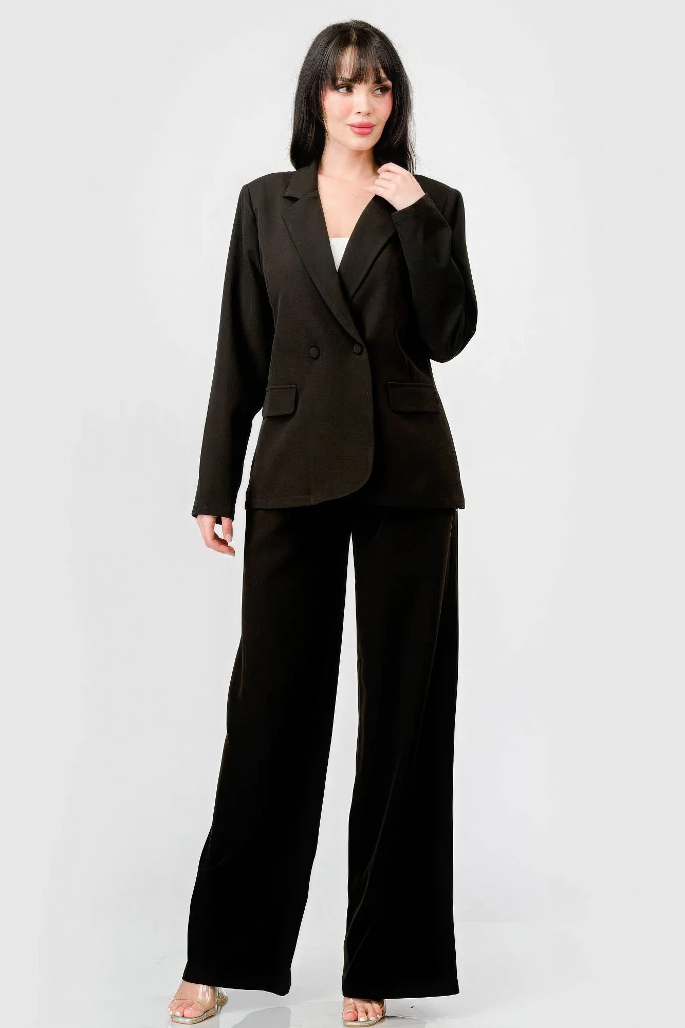 Luxe Stretch Woven Loose Fit Blazer And Wide Legs Pants Semi Formal Set - Tigbul's Variety Fashion Shop